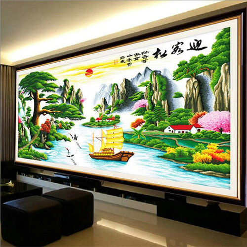 包邮蒙娜丽莎迎客松十字绣2018新款客厅山水画风景画流水生财钻石画满钻2米客厅大画印花十字绣大幅 满钻【钻石画】200*90厘米