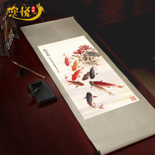 国画九鱼图 荷花鲤鱼条幅挂画 客厅办公室玄关走廊竖款装饰画 九鱼图1 成品140X50画心42X84