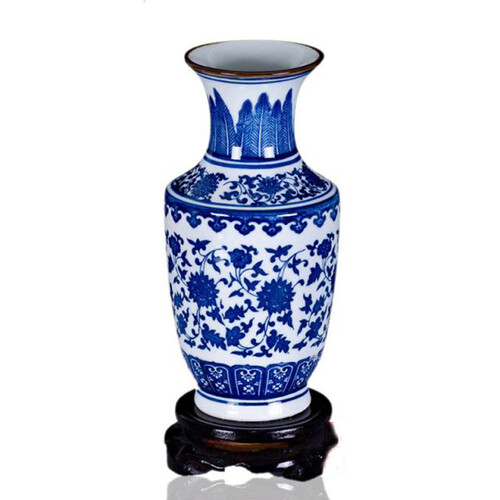 景德镇陶瓷器 仿古青花瓷小花瓶花插中式家居装饰酒柜客厅电视柜台面工艺品摆件 金钟瓶 带底座