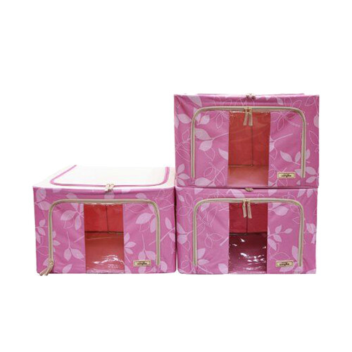 京东超市乐扣乐扣 视窗型树叶布艺收纳箱 可折叠牛津布装衣服整理箱 大号衣物玩具内衣收纳柜子三件套 粉色 58L*3