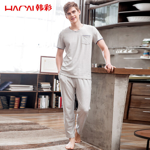 韩彩睡衣男春秋薄款莫代尔棉V领男士家居服套装 浅麻灰 175/100(XL)