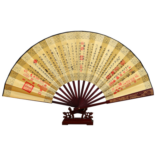 伟龙 扇子古风一尺绢布丝绸男扇 折扇 中国特色礼物雕刻版头青扇 创意礼品送朋友 黄面兰亭序 盒装