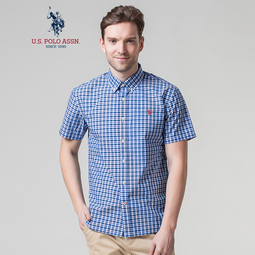 U.S. POLO ASSN. ACSMX-50957 短袖衬衫男夏季美国马球协会纯棉夏季短袖格子衬衣 蓝色格S-165