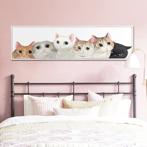 好久不见 北欧卧室萌宠装饰画卡通横版床头挂画客厅背景画儿童房卡通装饰画挂画卡通壁画 萌宠一箩筐A款 45*180 拉丝金框