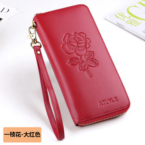 艾莱尔（AILYLE）钱包女长款韩版多功能手拿包大容量牛皮拉链大钱夹票夹 一枝花-大红色