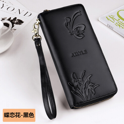 艾莱尔（AILYLE）钱包女长款韩版多功能手拿包大容量牛皮拉链大钱夹票夹 蝶恋花-黑色