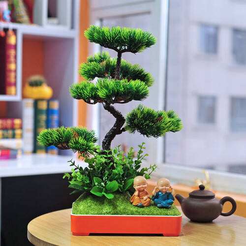 喜莱卡（xilaika）  发财树高仿真迎客松盆景仿真花卉绿植小松树盆栽客厅摆件假花假树 精致迎客松盆景套装