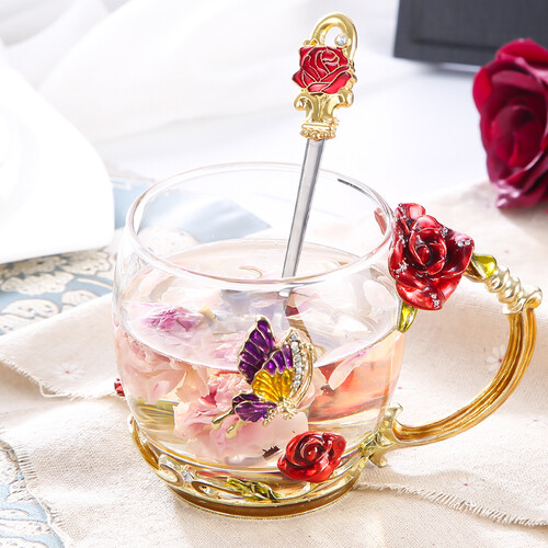 珐琅彩玻璃水杯泡茶杯子情侣实用时尚玫瑰花水晶对杯七夕情人节礼物生日礼物送女友情人老婆朋友母亲节礼品 玫瑰款矮杯+珐琅勺+礼盒礼袋