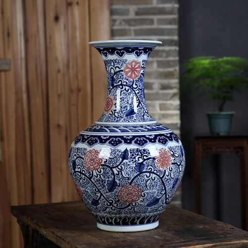 loyo 景德镇陶瓷器 仿古青花瓷大号花瓶插花器中式客厅装饰品工艺摆件 结婚礼品 大号仿古青花釉里红赏瓶 直径约35cm高约53cm