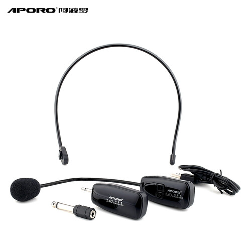 APORO 2.4G无线麦克风小蜜蜂手持话筒教师导游头戴式耳麦 肤色单双耳挂隐形式主持麦运动健身教练 黑色头戴款