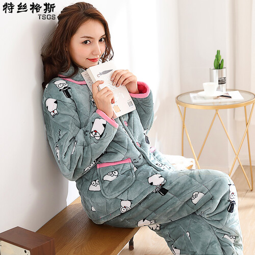 特丝格斯 睡衣女冬加厚套装珊瑚绒保暖棉袄加大码法兰绒家居服 湖底企鹅 XXL-（加厚三层夹棉）