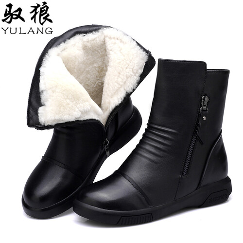 驭狼新品妈妈棉鞋羊毛加绒保暖棉靴子中老年平跟软底防滑棉皮鞋皮毛一体雪地靴女短靴 黑色 37