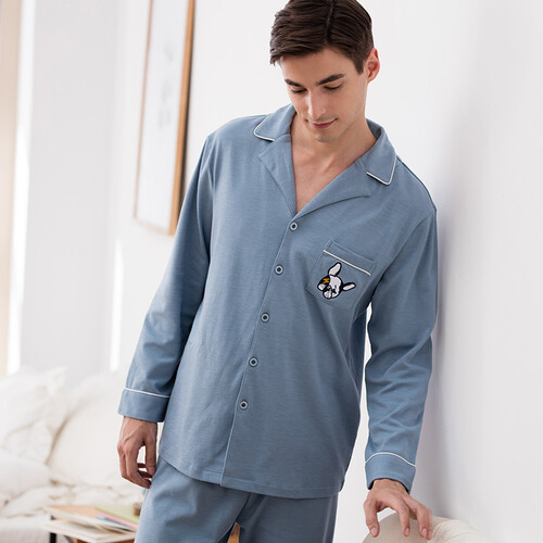 考拉足迹男士睡衣两件套家居服针织秋季纯棉竹节棉套装大码男士睡衣秋季装全棉睡衣6702 浅蓝色 XXL