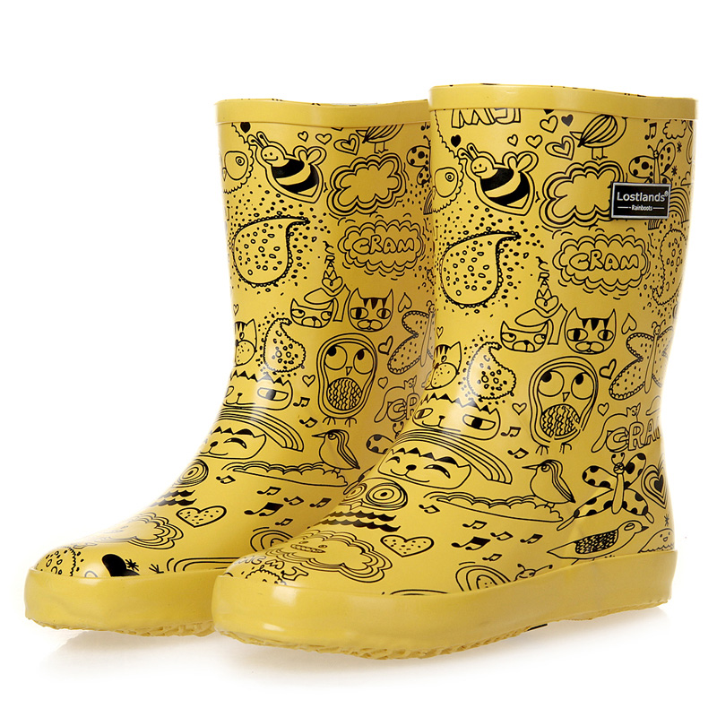 Comfortable rubber women's printed fashion mid-tube rain boots for rainy season, women's rain boots cartoon hand-painted street rain boots, water shoes, graffiti bright yellow 36 is equivalent to standard size 37