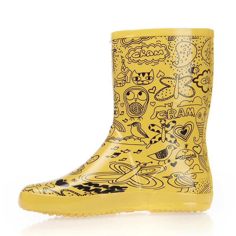 Comfortable rubber women's printed fashion mid-tube rain boots for rainy season, women's rain boots cartoon hand-painted street rain boots, water shoes, graffiti bright yellow 36 is equivalent to standard size 37