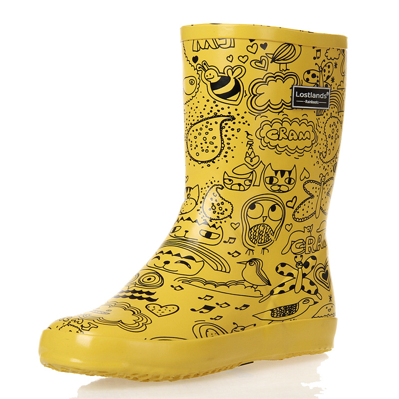 Comfortable rubber women's printed fashion mid-tube rain boots for rainy season, women's rain boots cartoon hand-painted street rain boots, water shoes, graffiti bright yellow 36 is equivalent to standard size 37