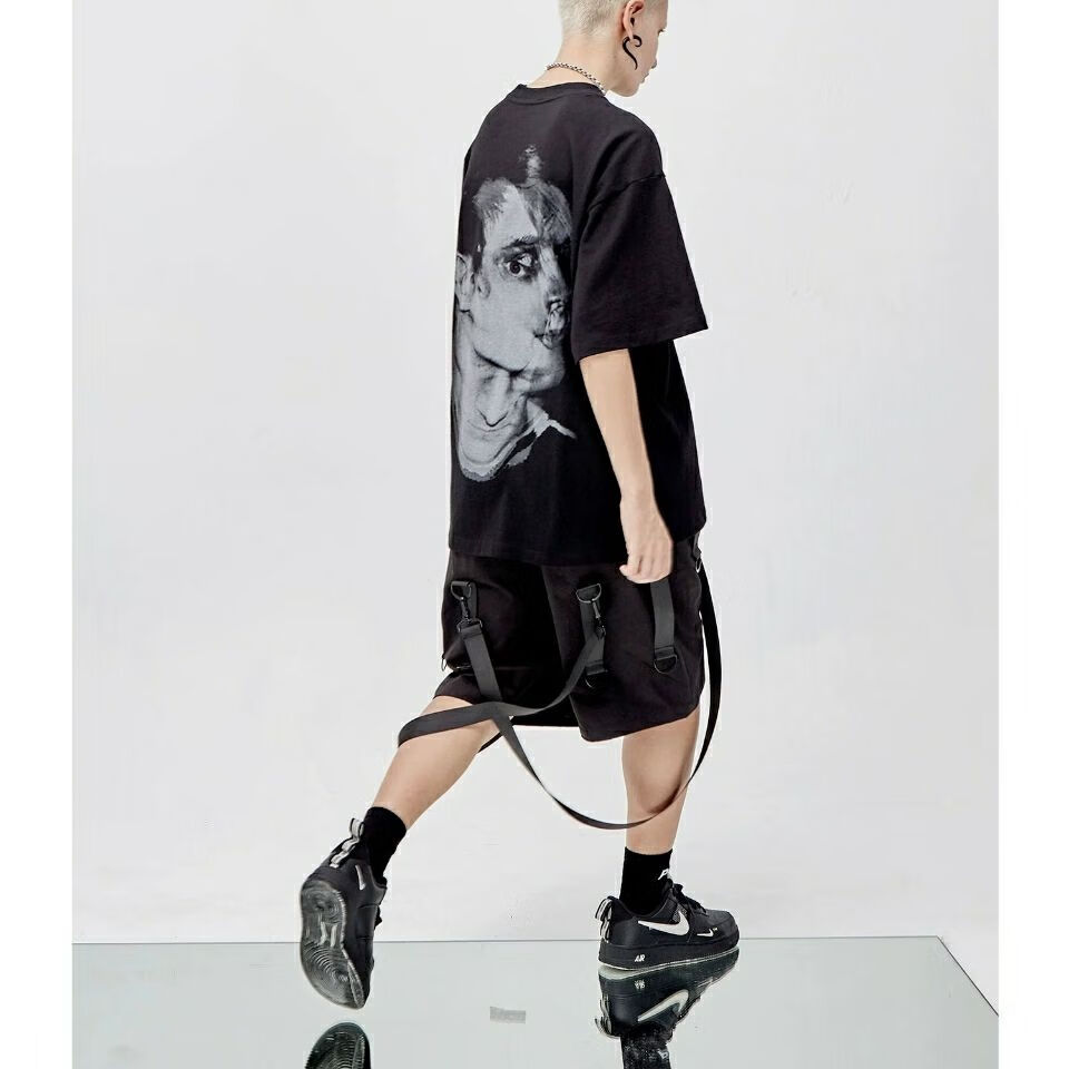 得物同款品质pclp迷失重影人头背面印花国潮宽松短袖t恤男女同款 黑色