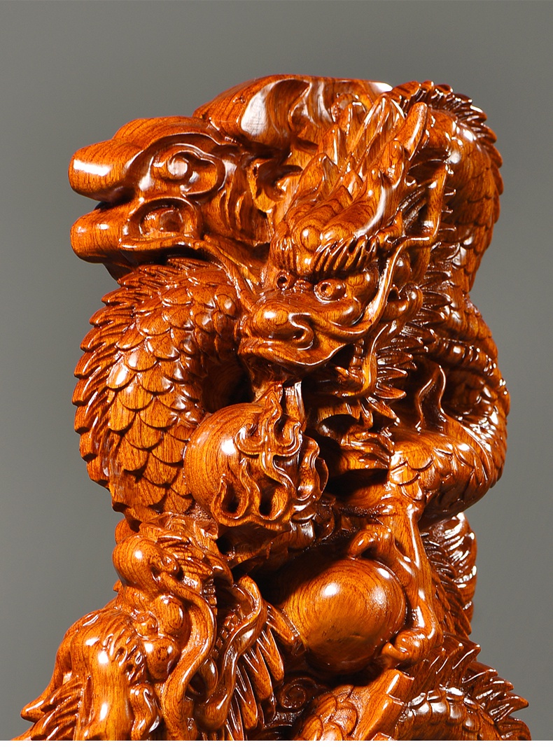 思古 木雕龙摆件实木家居客厅办公室桌面双龙戏珠送礼装饰龙雕刻工艺