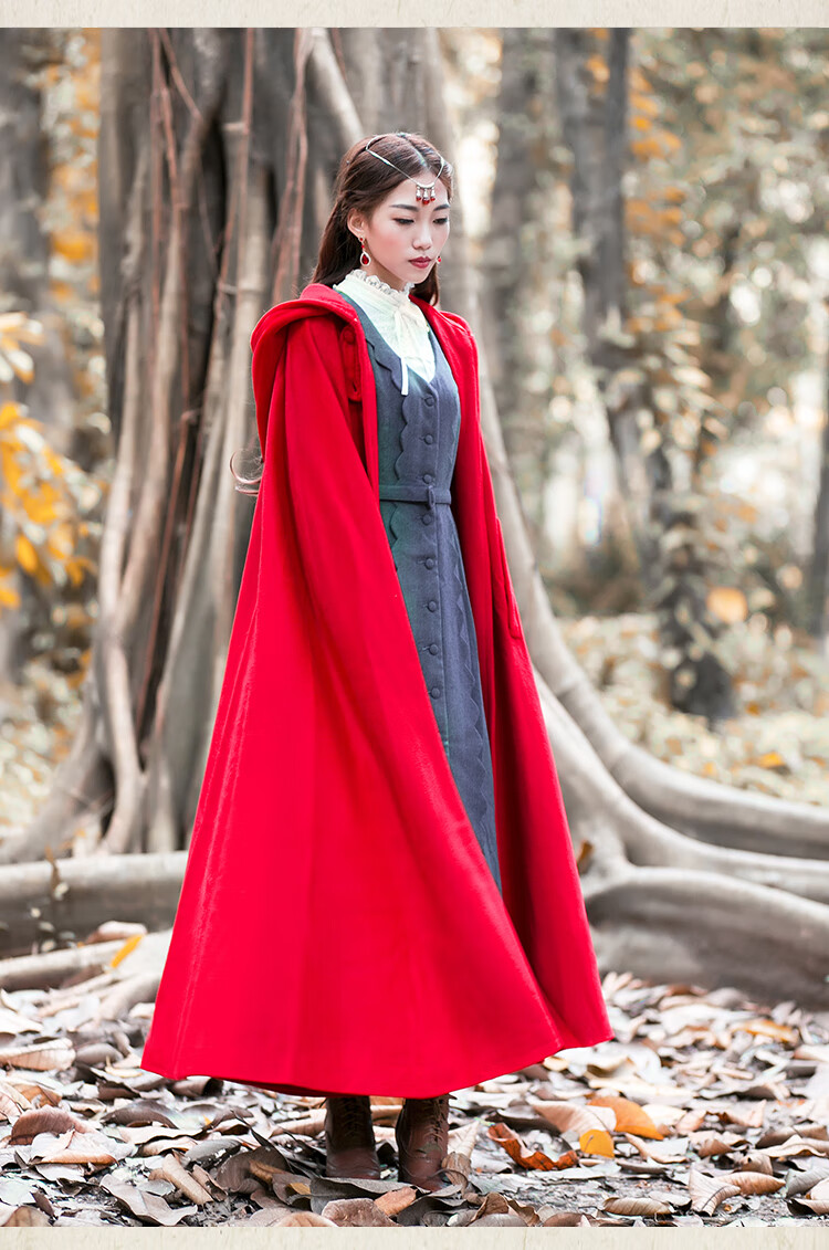 无心法师岳绮罗同款大红色斗篷毛呢大衣女外套小红帽披风秋冬 红色
