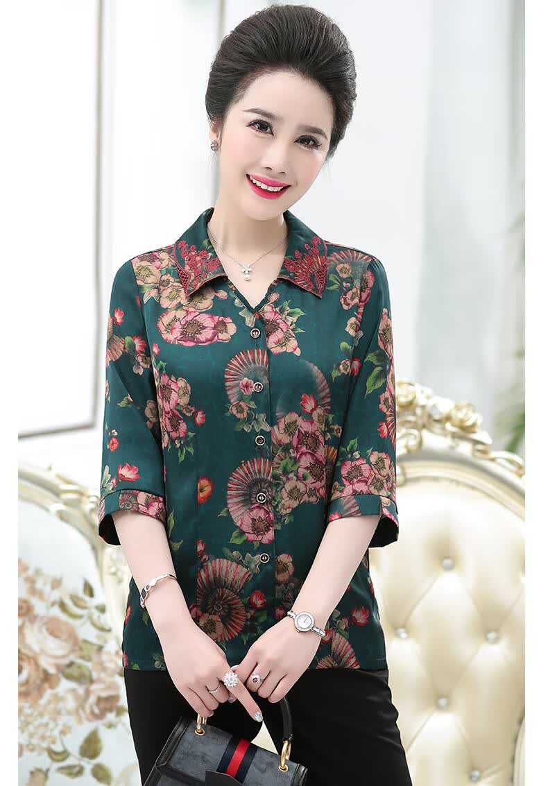 恒源祥中老年妈妈女装衬衣仿真丝七分袖衬衫女2020春夏季新款七分袖
