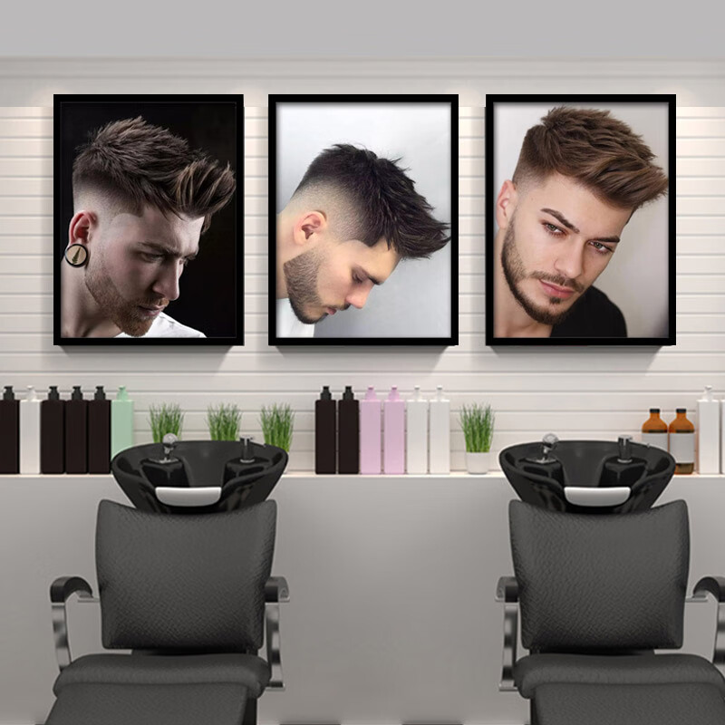 uhfw复古男士油头发型图片理发店发廊手艺人壁画美发店墙面挂画1610寸