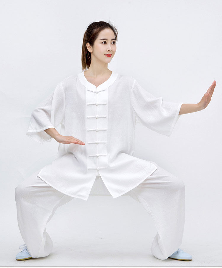 太极服女套装新款亚麻中袖太极服女套装春夏季棉麻短袖练功服男中国风