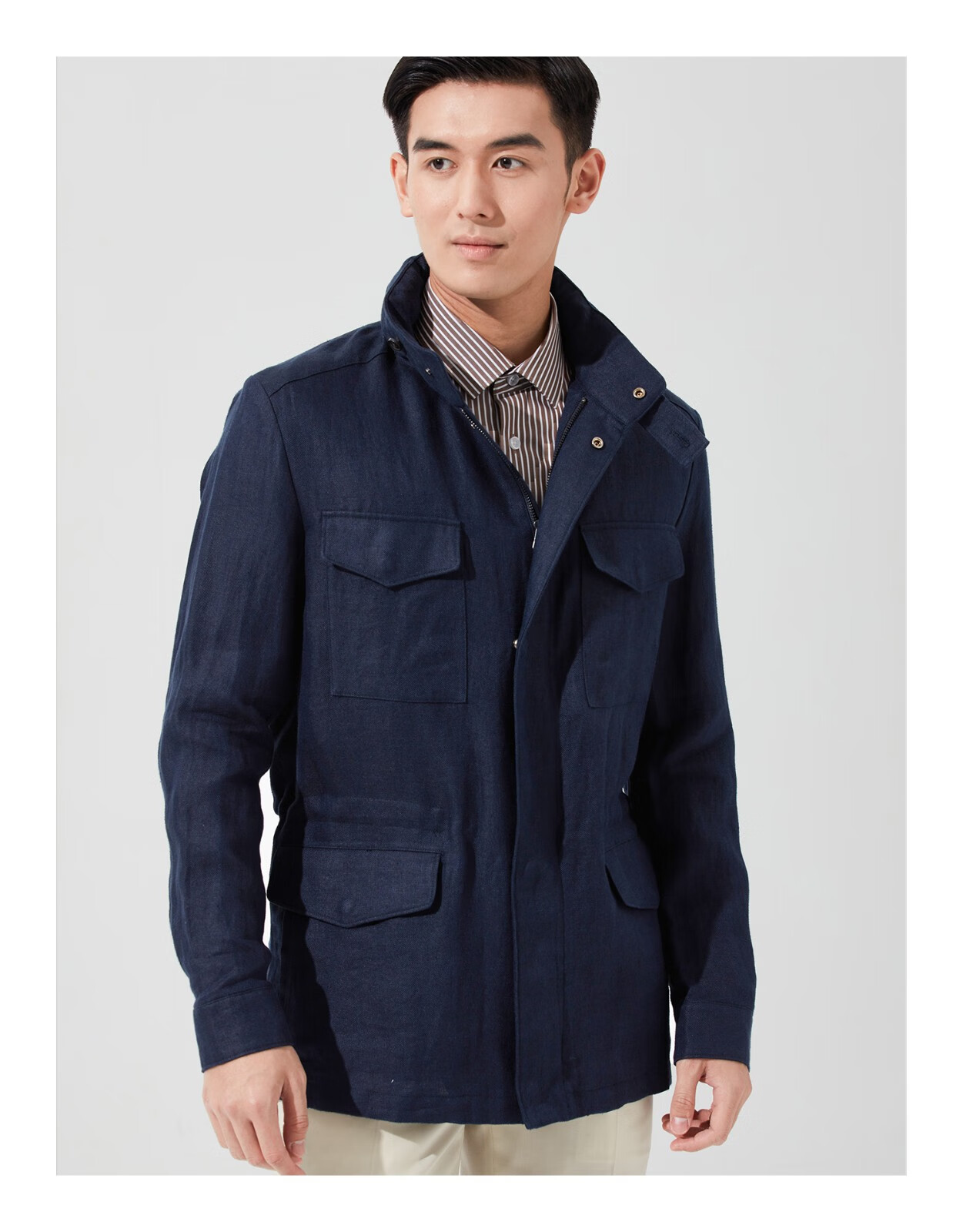hany亚麻猎装夹克男外套高端复古工装品牌休闲商务男士上衣凯度深蓝