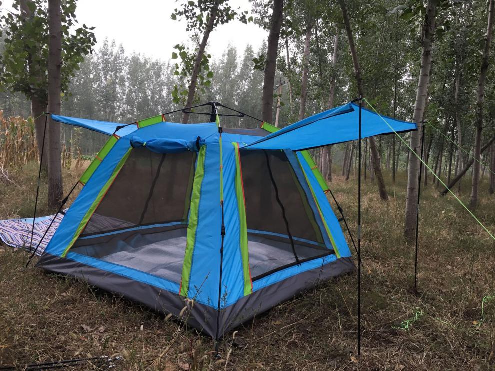 冬季户外用品自动双层野营露营帐篷3-4人四方顶帐篷 蓝 3-4人