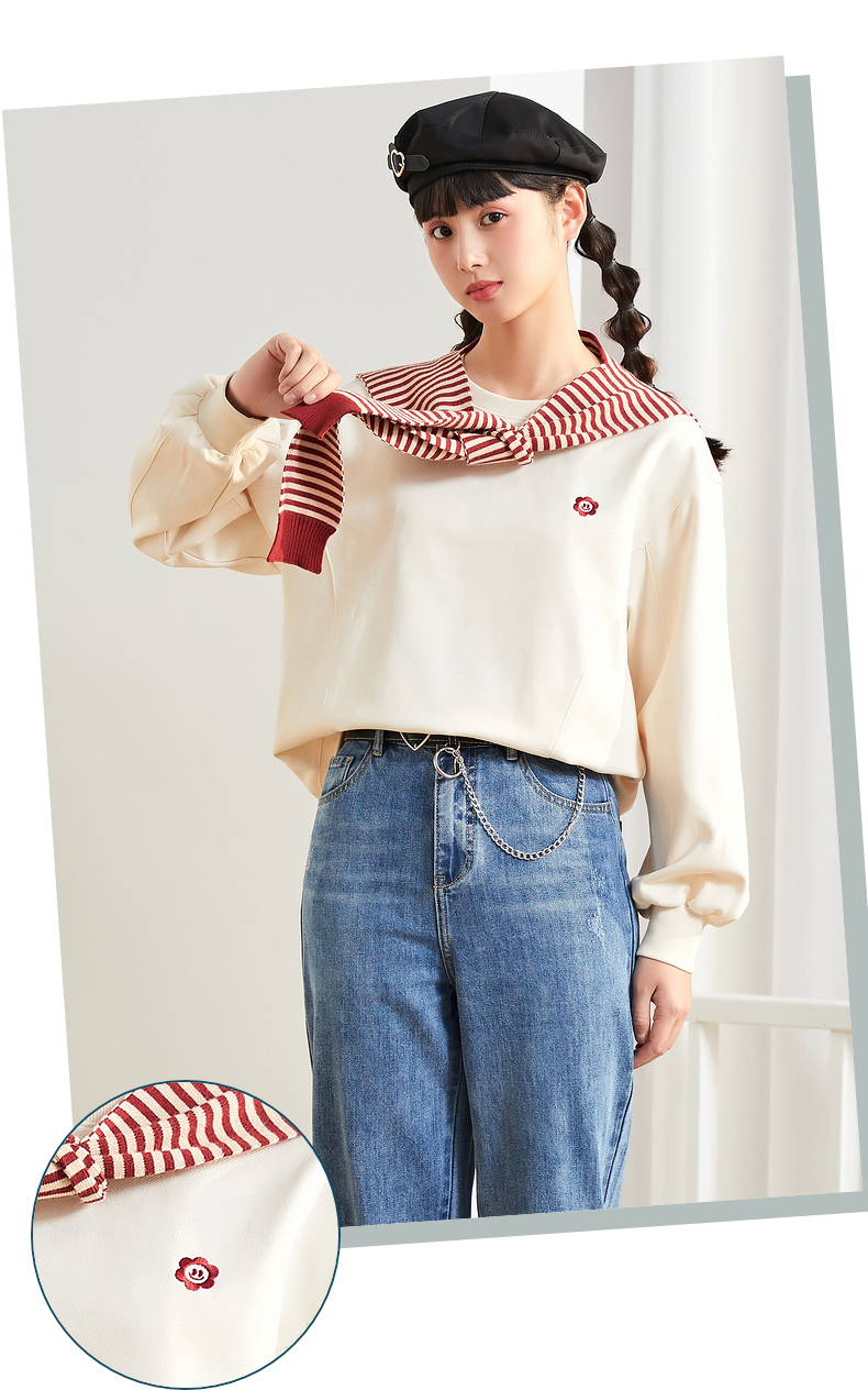 紫涵宽松圆领卫衣女外穿套头慵懒风2022年春季新款条纹披肩两件套 米