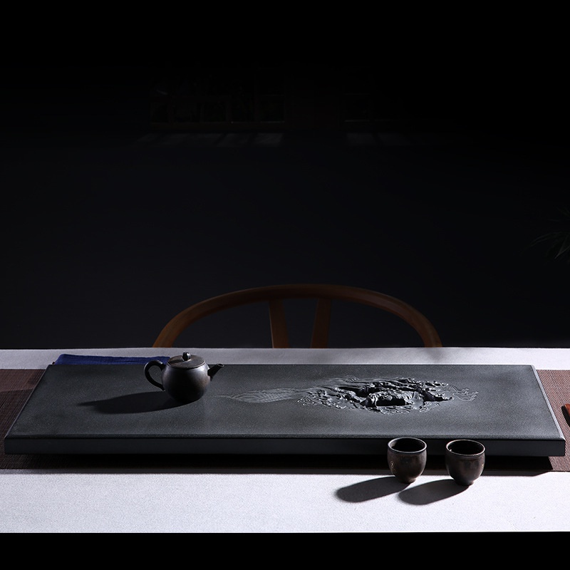 juantu茶具乌金石茶盘大小规格整石雕琢家居会所禅意石茶台刻字80303