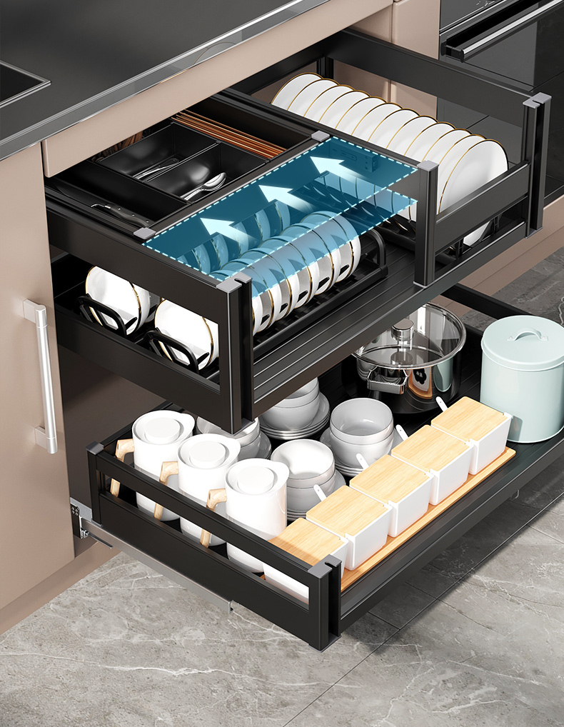 式碗架太空铝抽中抽碗柜厨柜内收纳碗碟碗篮全铝抽中抽拉篮600柜半抽