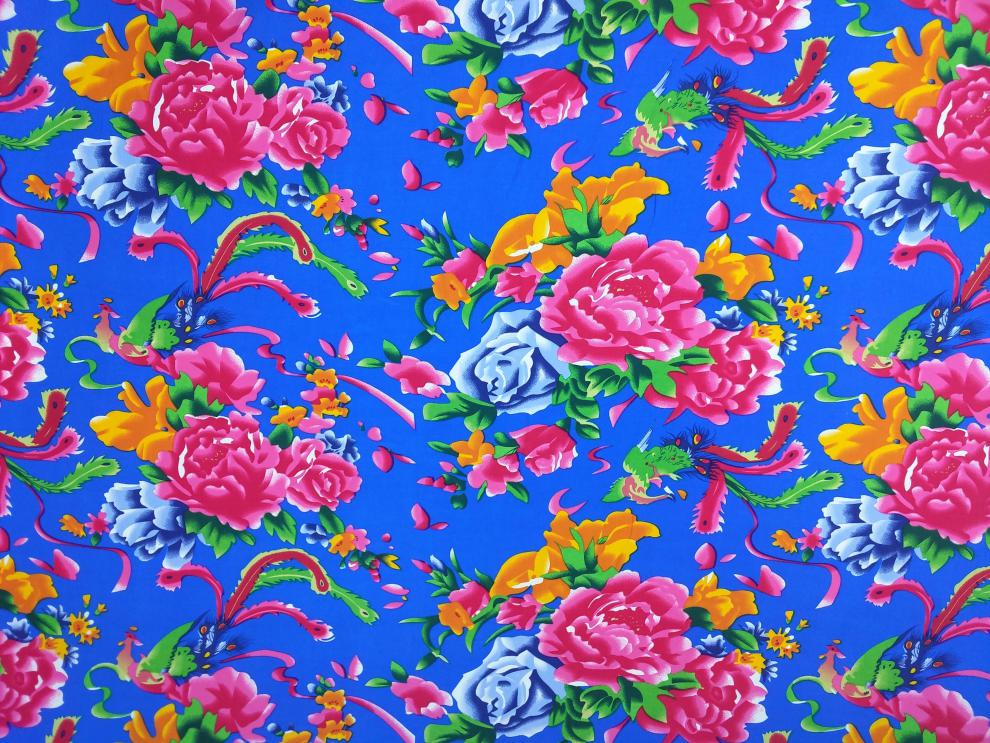 turbosun东北大花布凤凰牡丹装饰棉绸人造棉面料酒店农家乐装修墙面