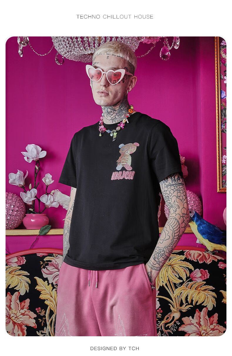 tch轻奢潮牌烫钻红蓝小熊简约t恤男女同款t66b106023 黑色 l【图片