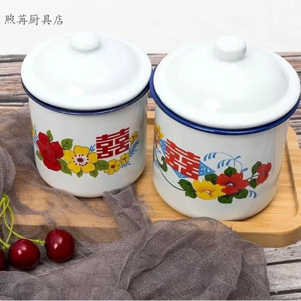 容量搪瓷缸子火锅串串煮锅怀旧复古老式铁茶缸子3000毫升带盖图案随机