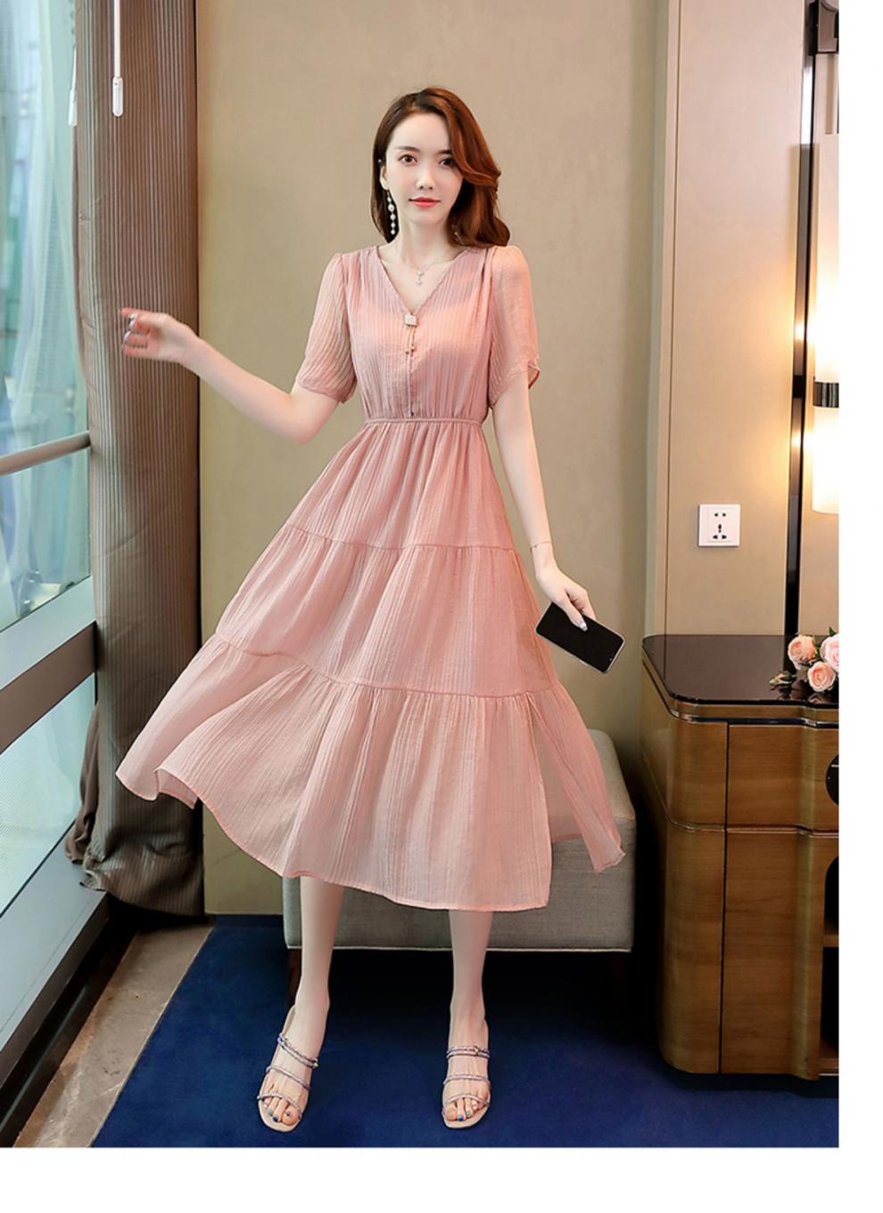 佰蓝娇雪纺连衣裙2022夏装新款夏装女装小个子时尚气质收腰显瘦短袖