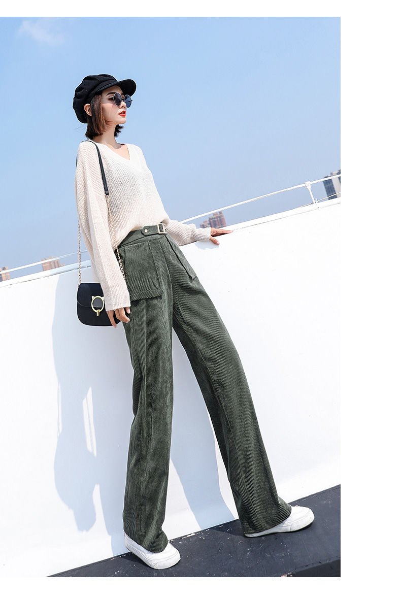 2019年冬季冬细条绒女宽松牙签纹高腰灯芯绒拖地长裤垂感 粉红色 s