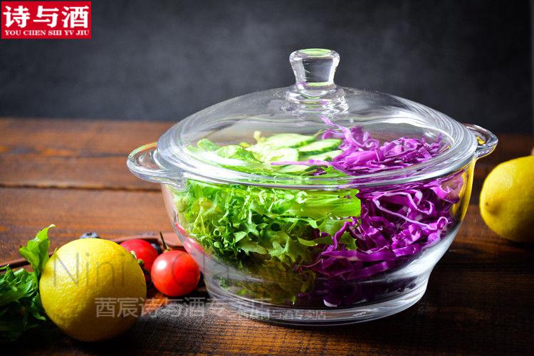 盆35l水果沙拉透明碗碗透明加厚钢化玻璃汤煲水晶煲带玻璃盖碗大号大