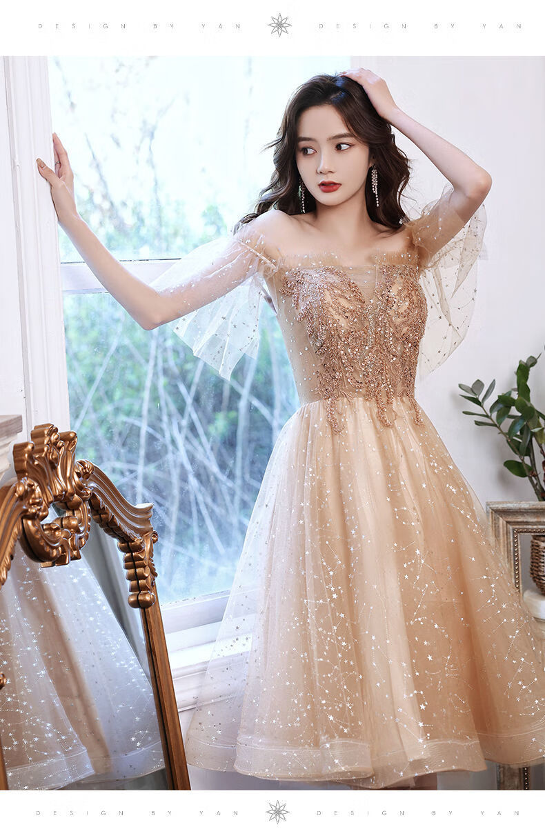 礼服女 18嵗礼服 学生香槟色晚礼服女宴会气质修身气质伴娘服裙生