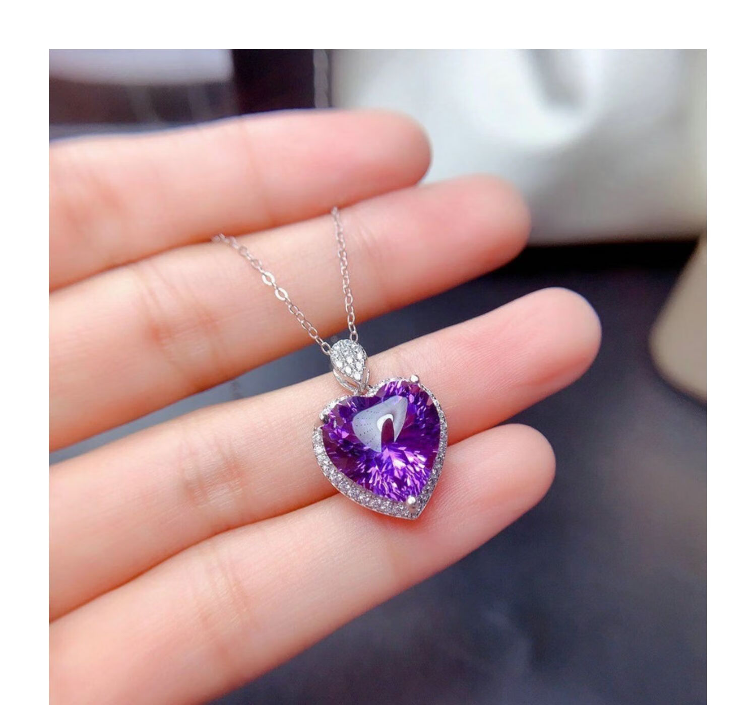 钻芙妮天然紫水晶吊坠女s925银项链千禧切工心形紫晶