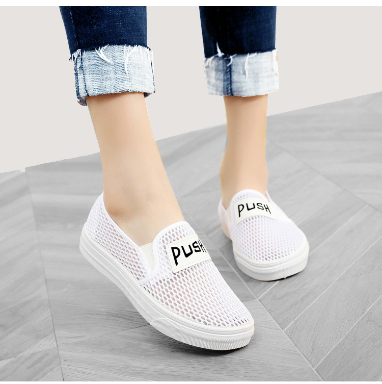 女式夏天带眼穿的一脚蹬网面北京布鞋老女鞋夏季透气小白鞋平底防滑