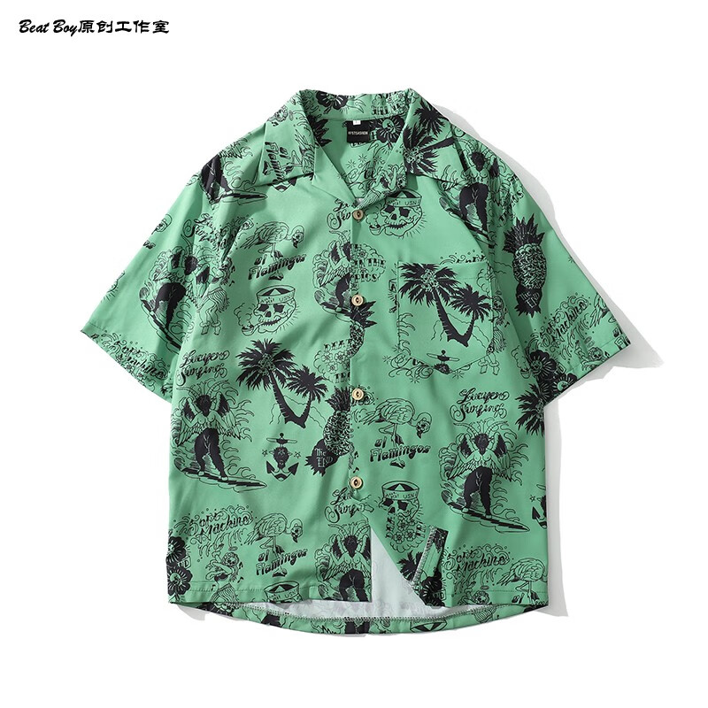 花衬衫男夏季港风宽松碎花 bkpp欧儿同款红扶桑花衬衫男女他泰国aloha