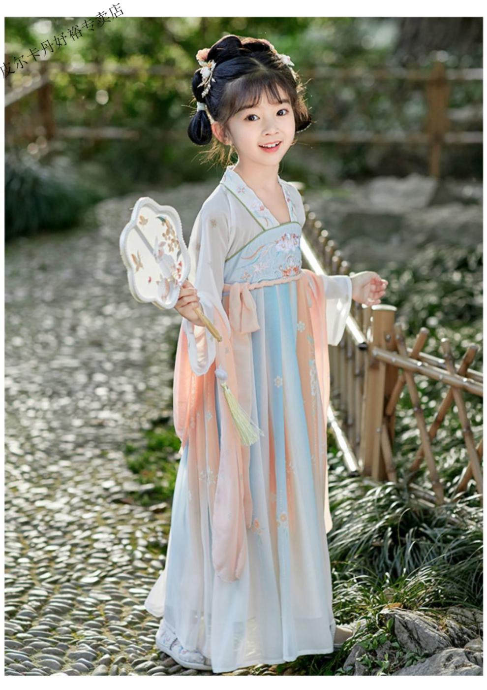 皮尔卡丹313岁甜美小女孩穿的儿童汉服女童夏季古装中国风连衣裙夏装