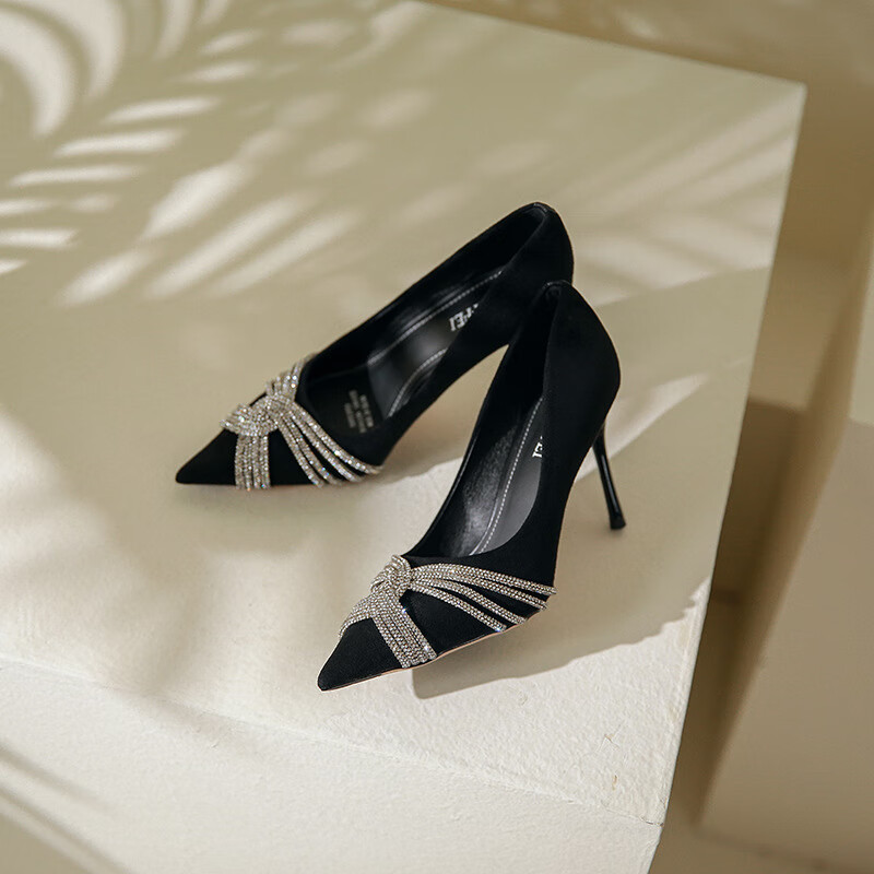 bigtree时尚尖头女高跟鞋2022秋季新款细跟单鞋女 黑色5cm 35【图片