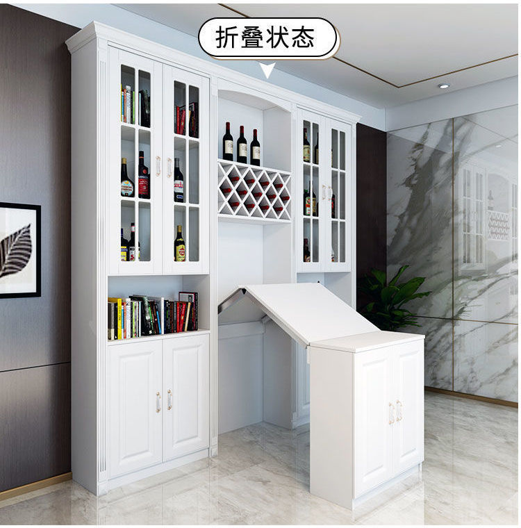 简约现代吧台酒柜带折叠桌一体家用折叠桌酒柜客厅多功能伸缩餐桌 白