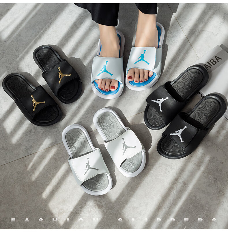 新款aj乔6拖鞋男一字拖潮流夏季外穿防滑拖鞋情侣网红拖鞋 黑金 36