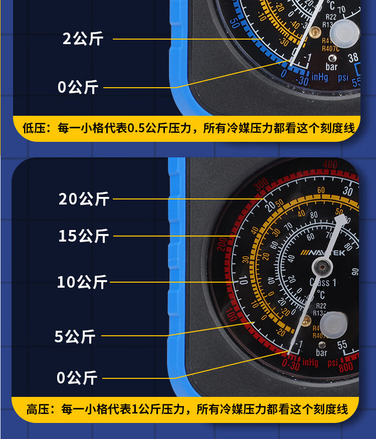 黛惑 空调加氟压力表 飞越单表空调雪种压力检测加氟单表r22/r134/r