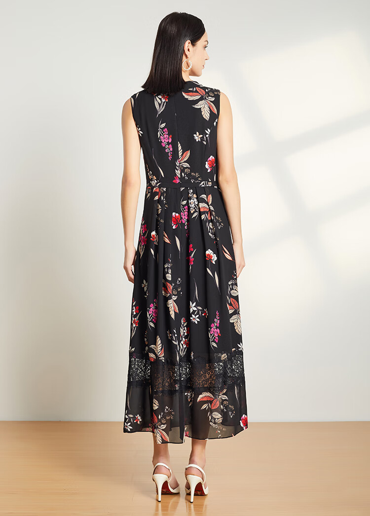 马天奴2019秋季新款黑色无袖蕾丝拼接长款印花褶皱大摆连衣裙黑色36s