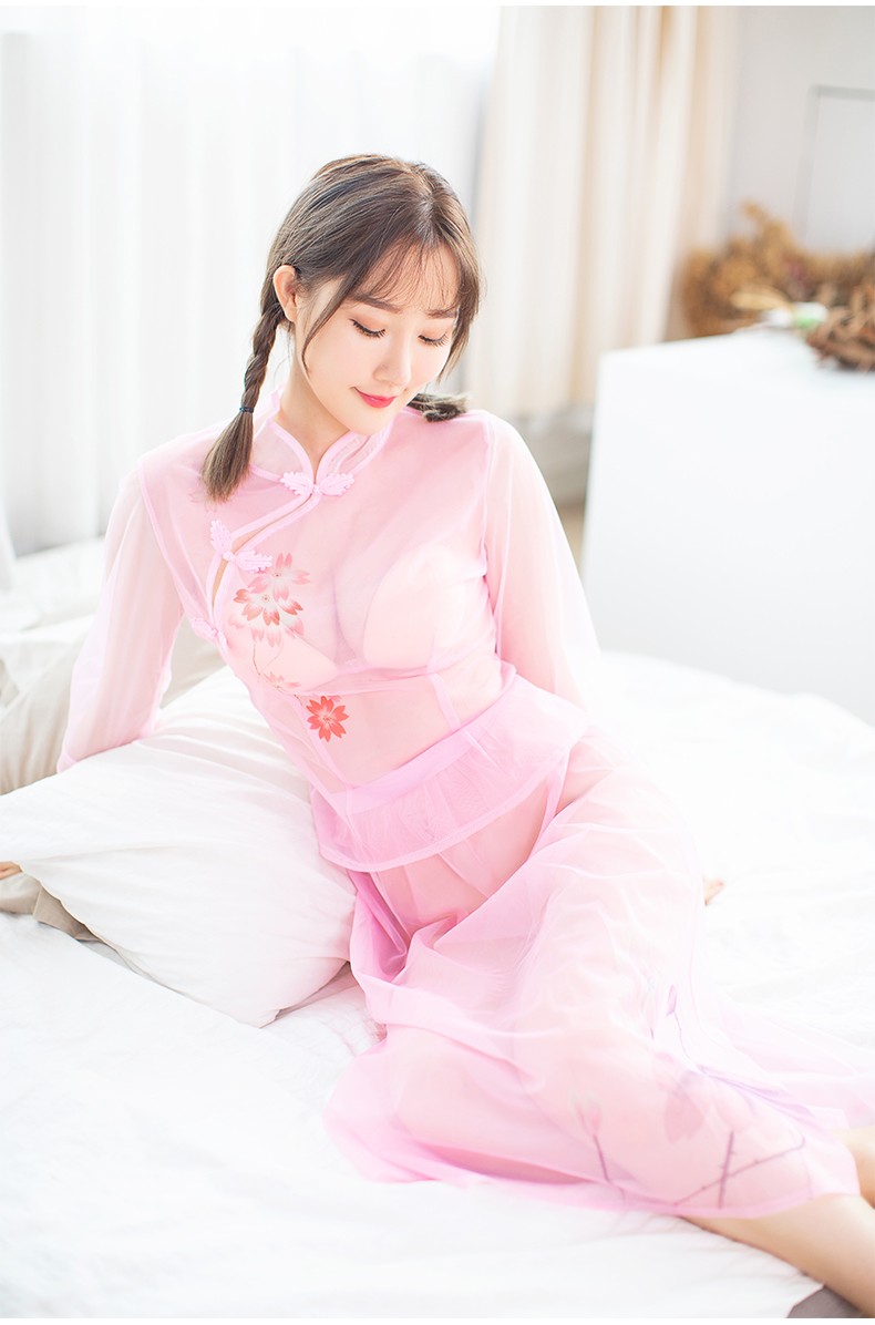 菠萝蜜复古旗袍式民国风性感睡衣女三件套透明情趣睡裙薄款制服内衣