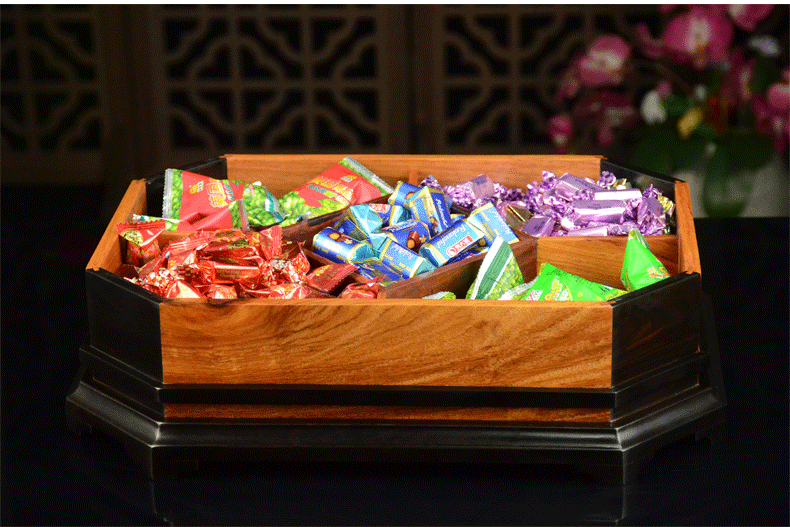 禧乐宁红木果盒镶果盘客厅摆件长方形八角食盒糖果干果篮花开富贵