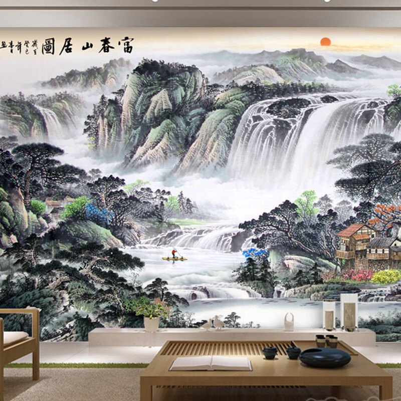 电视背景墙壁纸客厅办公室山水画手绘鸿运当头国画墙纸装饰3d壁画整张